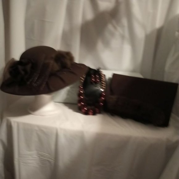 MOTHER\'S DAY FUR TRIM HAT, HANDBAG & NECKLACE SET FOR CHURCH & OTHER EVENTS